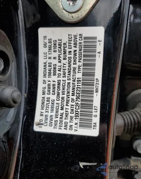 2016 Honda Civic Ex z USA, uszkodzony, nr VIN 19XFC2F79GE231191